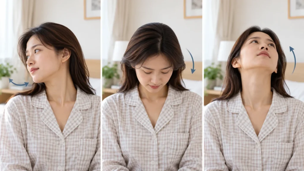 목을 좌우로 돌리거나 숙일 때 통증이 달라지는 모습을 보여주는 그림