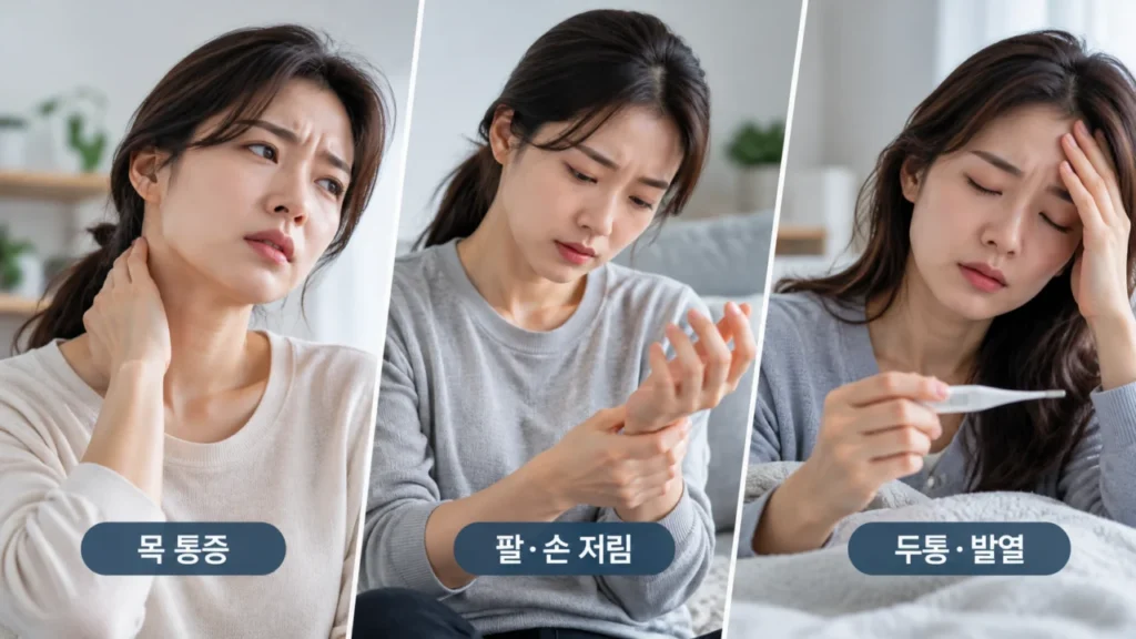 목 통증에 팔 저림, 근력 저하, 두통, 발열이 동반되는 경고 증상을 나타내는 그림