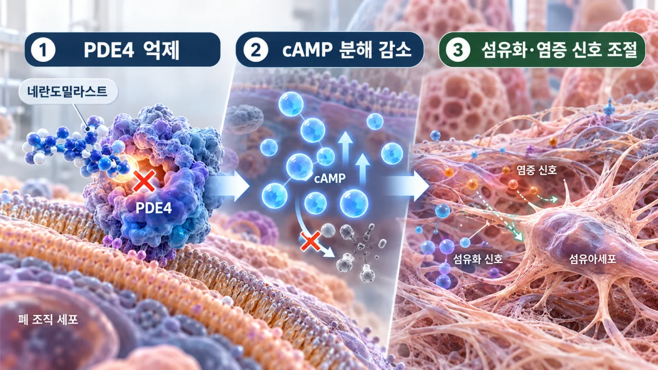자스케이드정의 주성분인 네란도밀라스트는 PDE4 효소를 억제해 세포 내 cAMP 신호를 조절하며, 폐섬유화와 염증 관련 반응을 억제하는 작용기전을 가진다. (사진 - AI 생성)