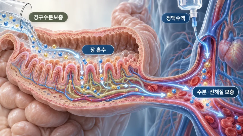 경구수분보충액과 정맥수액의 차이와 수분 흡수 원리를 설명하는 그림