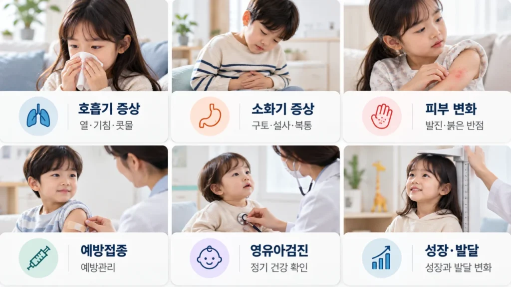 소아청소년과에서 다루는 증상과 건강관리 항목을 보여주는 그림