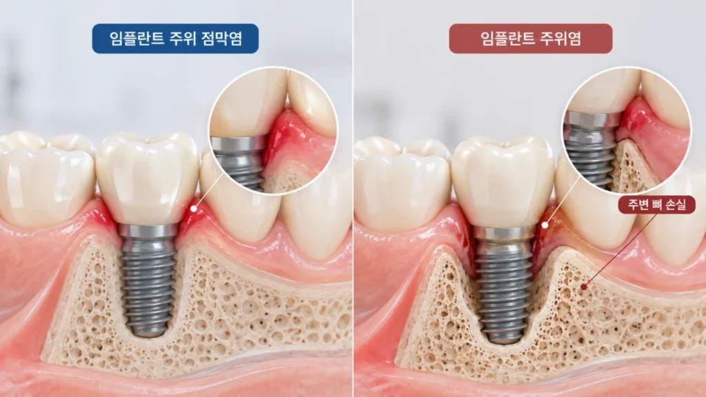 임플란트 주위 점막염과 주위염의 차이를 비교한 그림