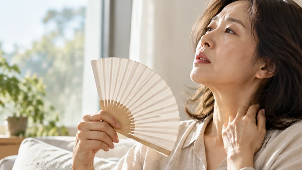 갱년기 초기 생리 주기 불규칙과 안면홍조 등 신체 변화 설명 그림