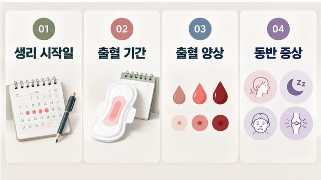 갱년기 증상 기록 방법과 생리 변화 추적 안내 그림