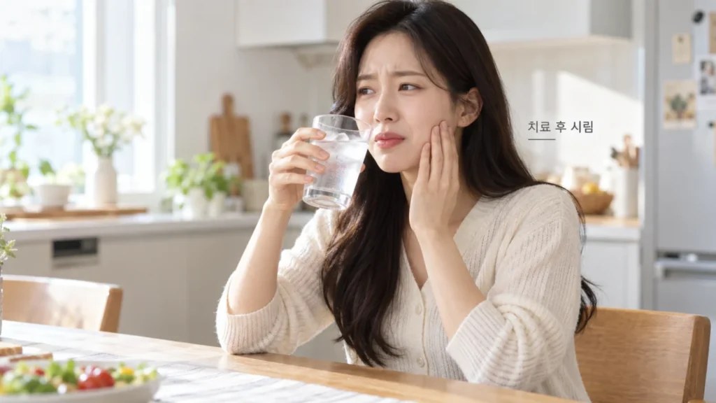 충치 치료 후 찬 자극에 시리거나 평소와 다른 느낌이 나타날 수 있음을 설명하는 그림