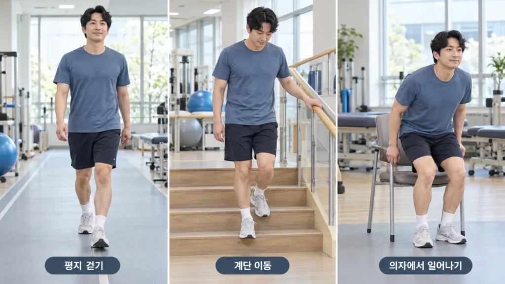 계단이나 일상동작에서 양쪽 다리의 힘과 체중 지지 능력 차이를 보여주는 그림