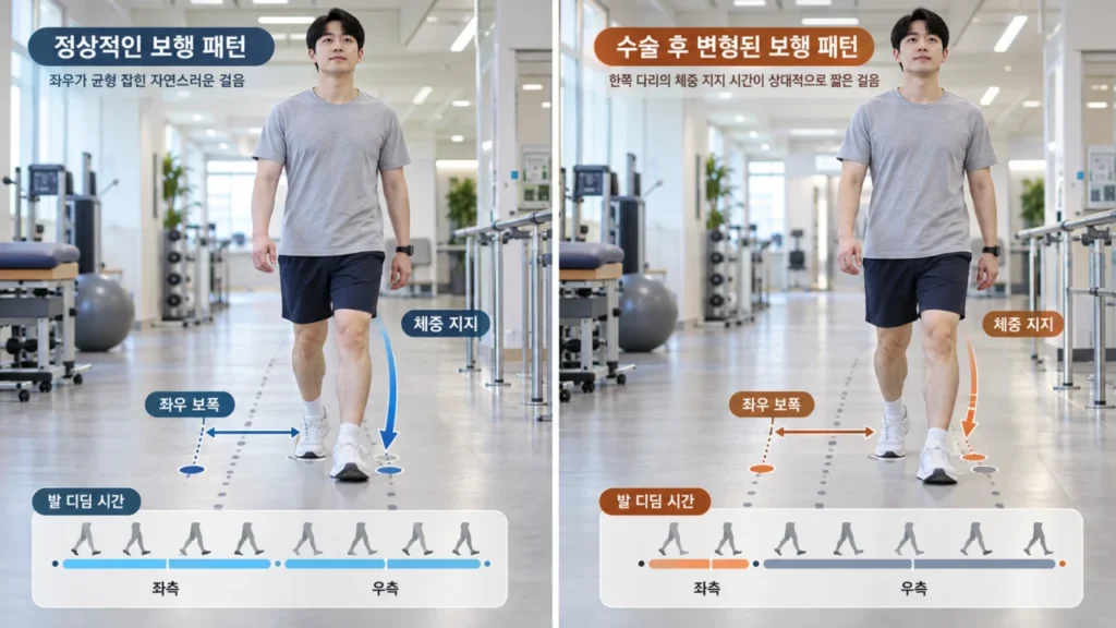 수술후재활에서 좌우 보폭과 체중 지지, 발을 딛는 시간 차이를 설명하는 그림