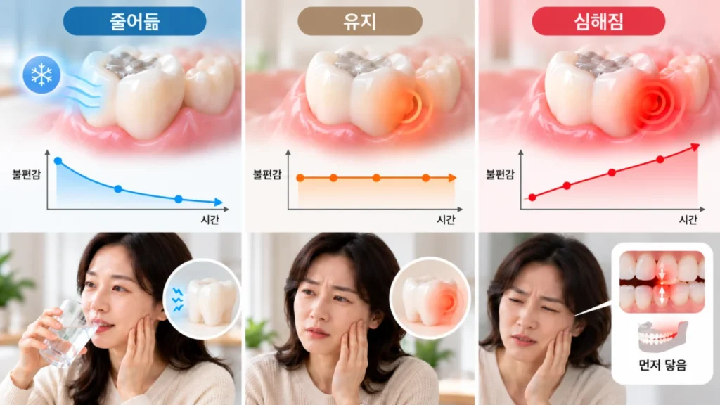 충치 치료 후 통증이 시간이 지나면서 어떻게 변하는지 확인하는 그림