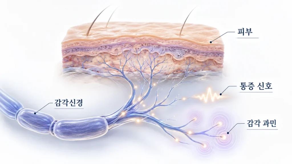 대상포진 후 신경통의 신경 손상 및 통증 메커니즘을 보여주는 그림