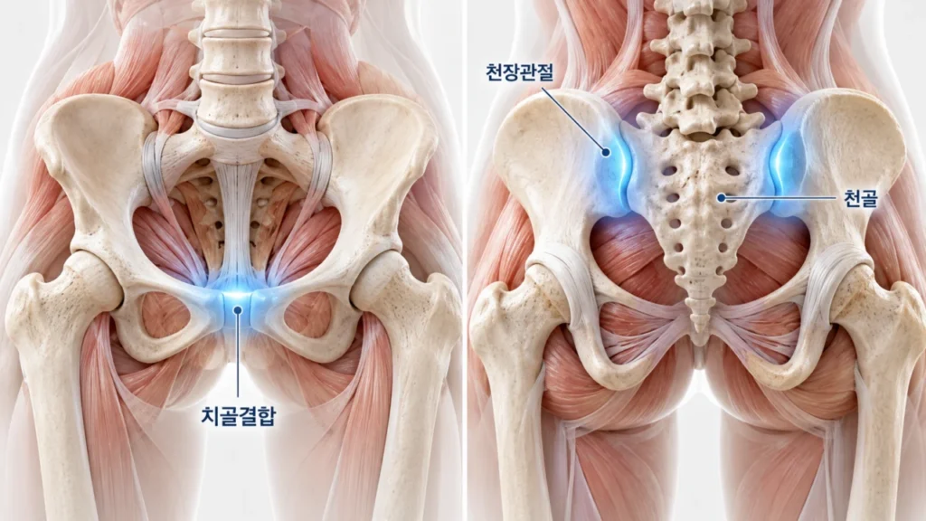 치골결합과 천장관절 등 골반 구조를 보여주는 그림
