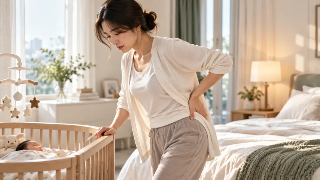 출산 후 골반 통증과 일상 움직임 변화를 설명하는 그림