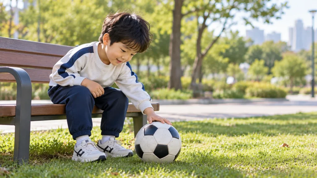 유아가 공놀이에 관심을 보이며 축구를 처음 접하는 모습