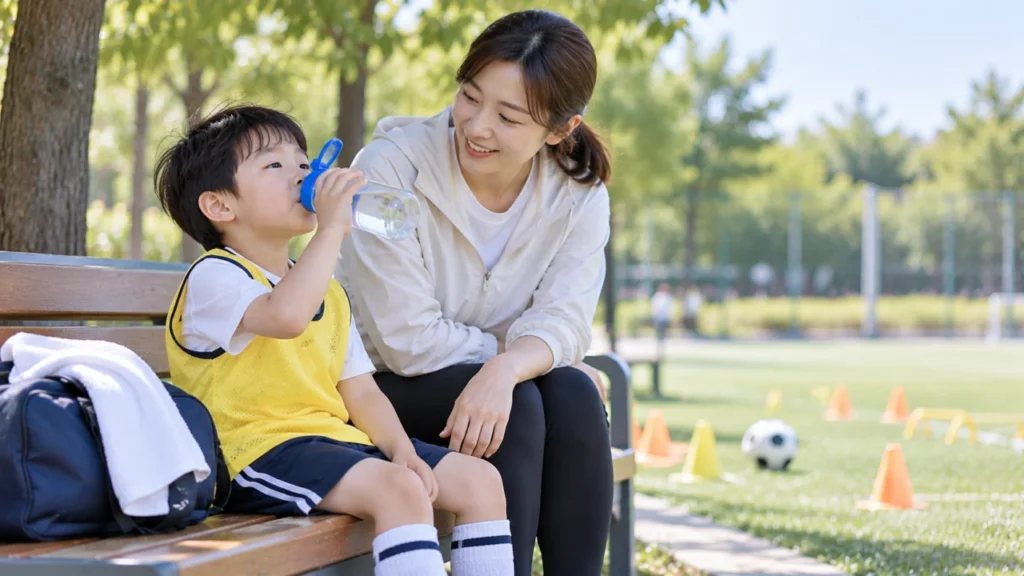 유아가 축구 수업 중 잠시 쉬며 회복하는 모습