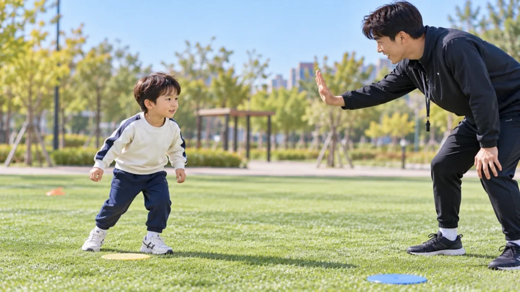 유아가 축구 수업에서 출발과 멈춤 신호에 반응하는 장면