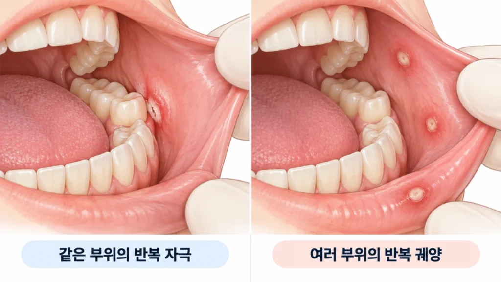 구내염이 같은 자리와 여러 부위에 반복적으로 생기는 위치 비교 그림