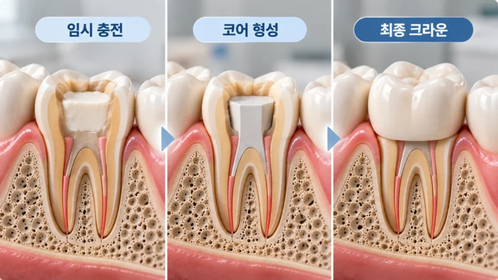 신경치료 후 임시 충전, 코어, 크라운의 역할을 보여주는 그림