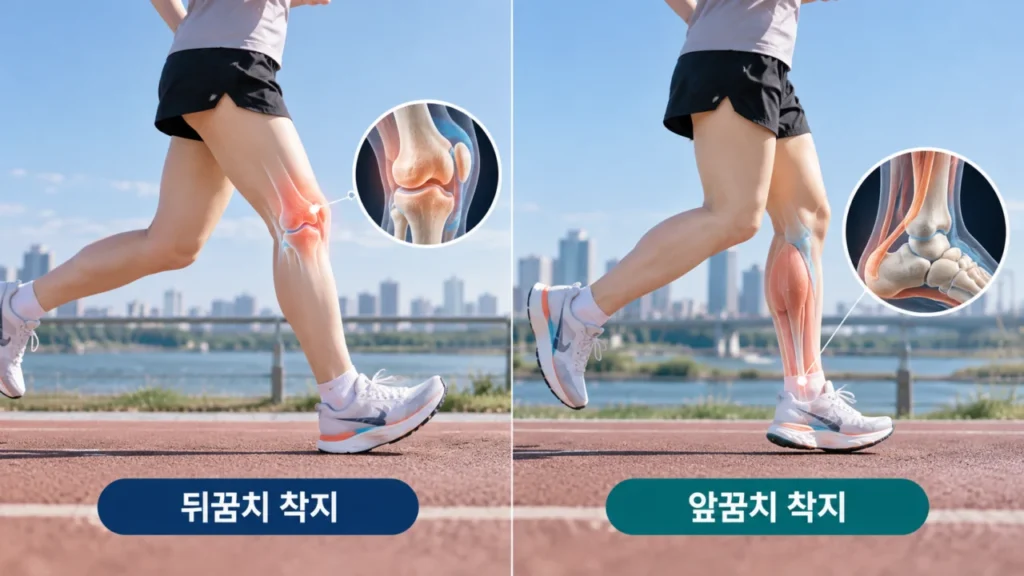 뒤꿈치 착지와 앞꿈치 착지의 관절 부하 차이를 설명하는 그림