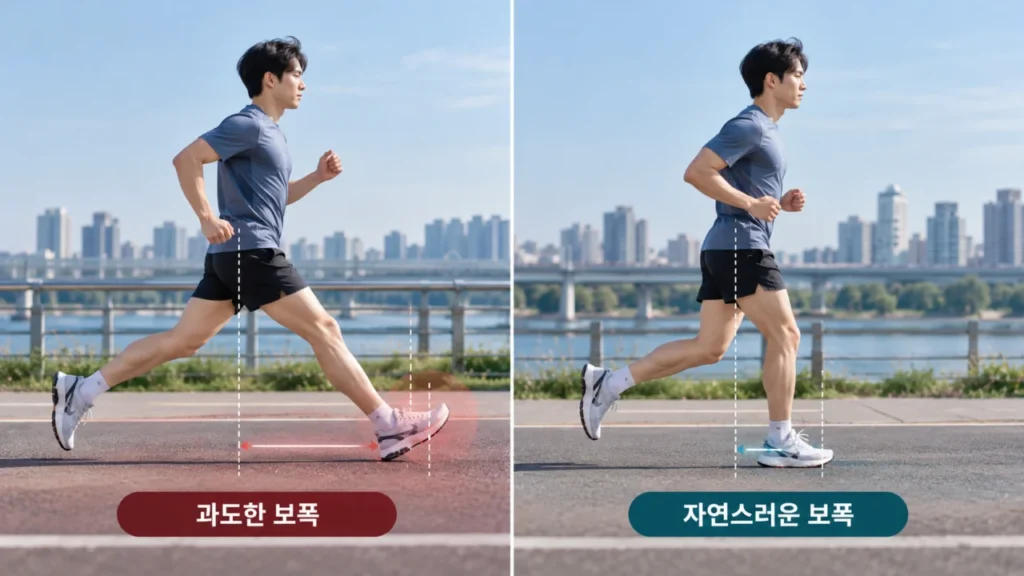 러닝에서 보폭과 발 착지 위치의 차이를 보여주는 비교 그림