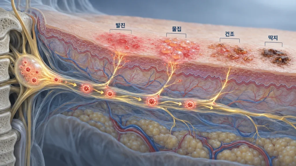 대상포진 피부 병변의 발진, 물집, 딱지로의 변화 과정