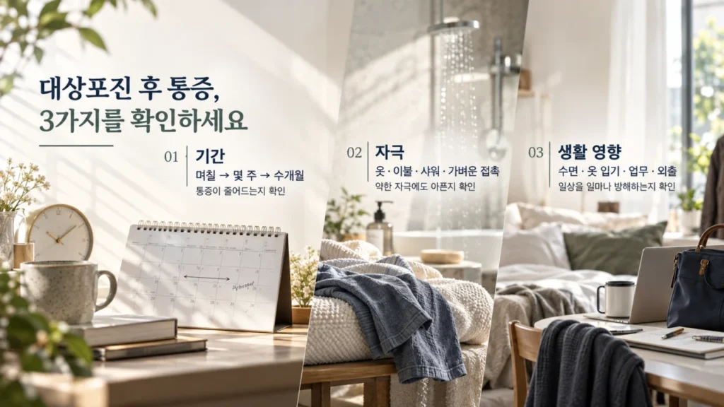 대상포진 후 통증의 지속 기간과 일상생활 영향 요소를 나타내는 그림