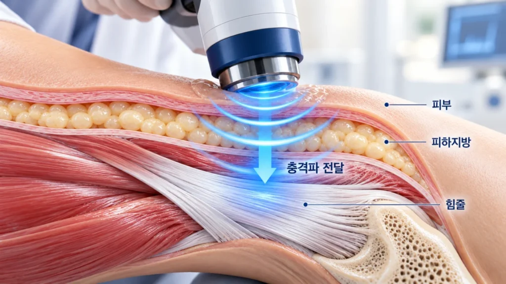 체외충격파가 피부 바깥에서 음향 충격파를 전달하는 치료 원리를 보여주는 그림