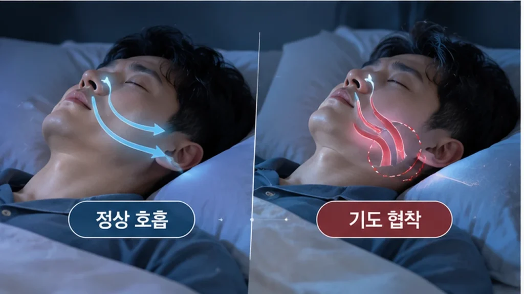 수면무호흡증으로 인해 밤에 호흡이 멈추는 모습을 설명하는 그림