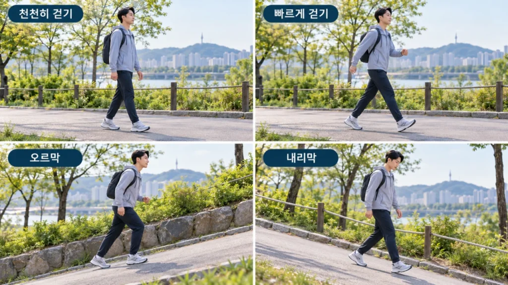 척추관협착증에서 걷는 속도와 경사 변화가 증상에 미치는 영향을 보여주는 그림