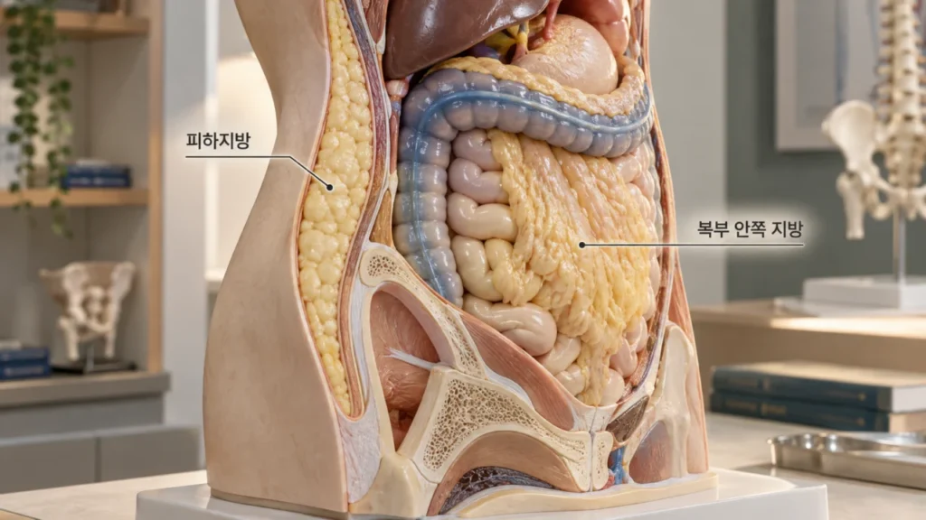 허리와 옆구리의 피하지방과 복부 지방 분포를 보여주는 그림