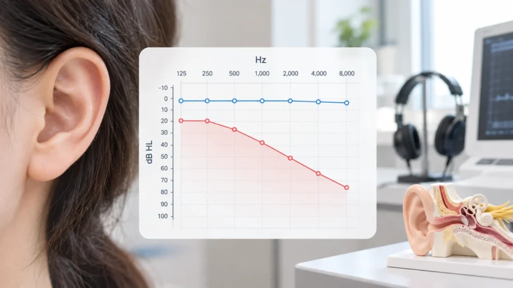 순음청력검사로 주파수별 청력 저하와 좌우 귀 차이를 확인하는 그래프