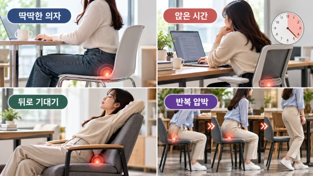 꼬리뼈통증 악화 요인을 체크하는 상황을 묘사한 그림