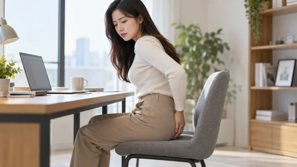 오래 앉아 있을 때 꼬리뼈에 집중되는 통증을 설명하는 그림