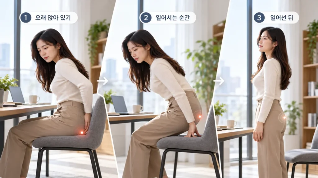 앉았다가 일어설 때 꼬리뼈통증이 달라지는 상황을 보여주는 그림