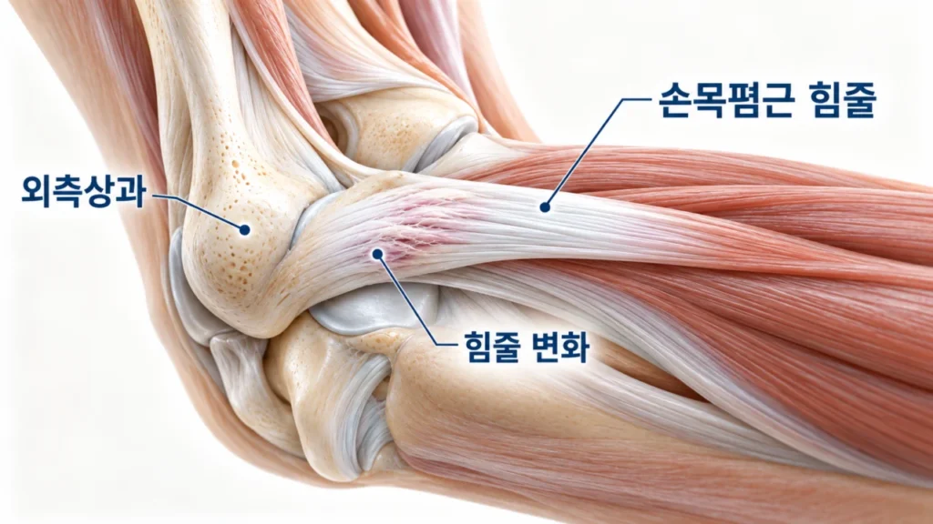 테니스엘보와 관련된 손목 폄근과 팔꿈치 힘줄 구조 그림