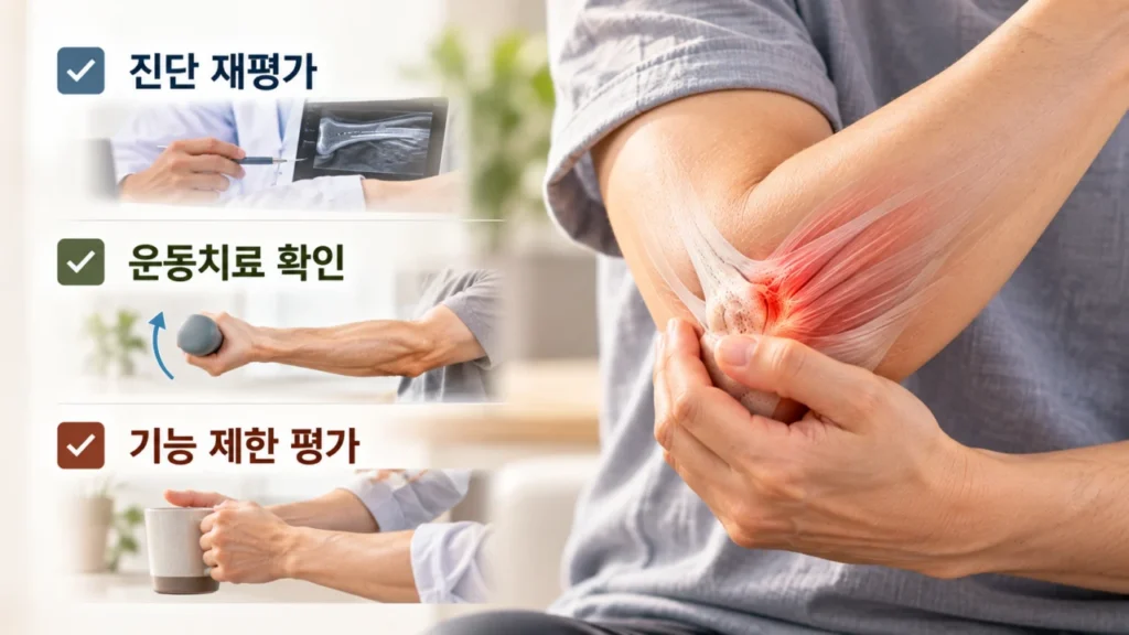 테니스엘보 주사 후 치료 재평가 체크리스트를 보여주는 그림