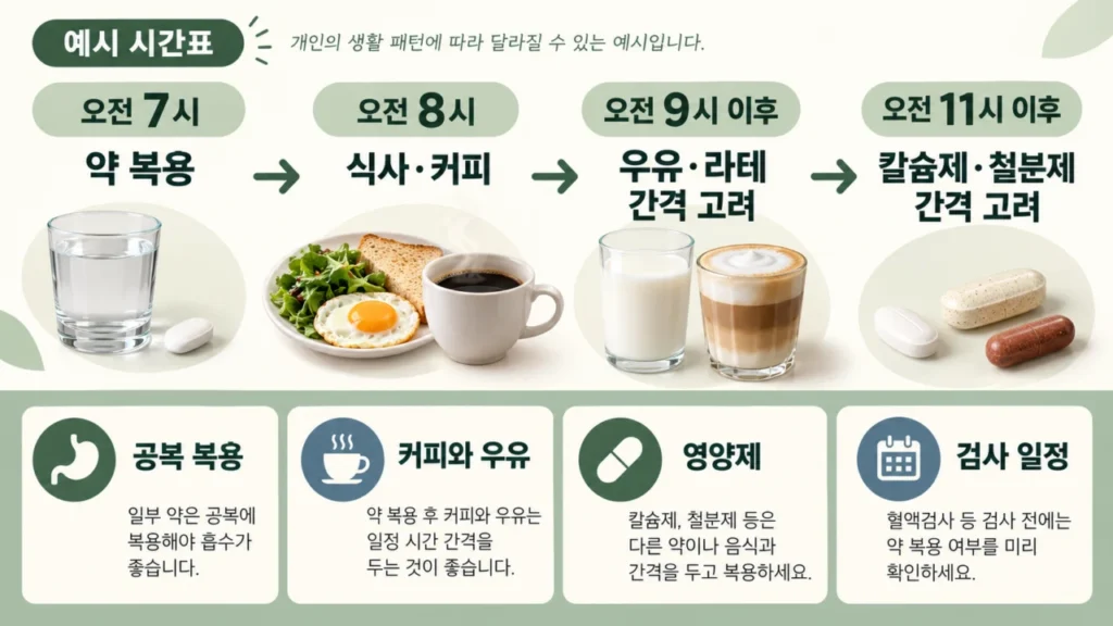 갑상선약 복용 시 시간표와 복용 간격을 안내하는 이미지