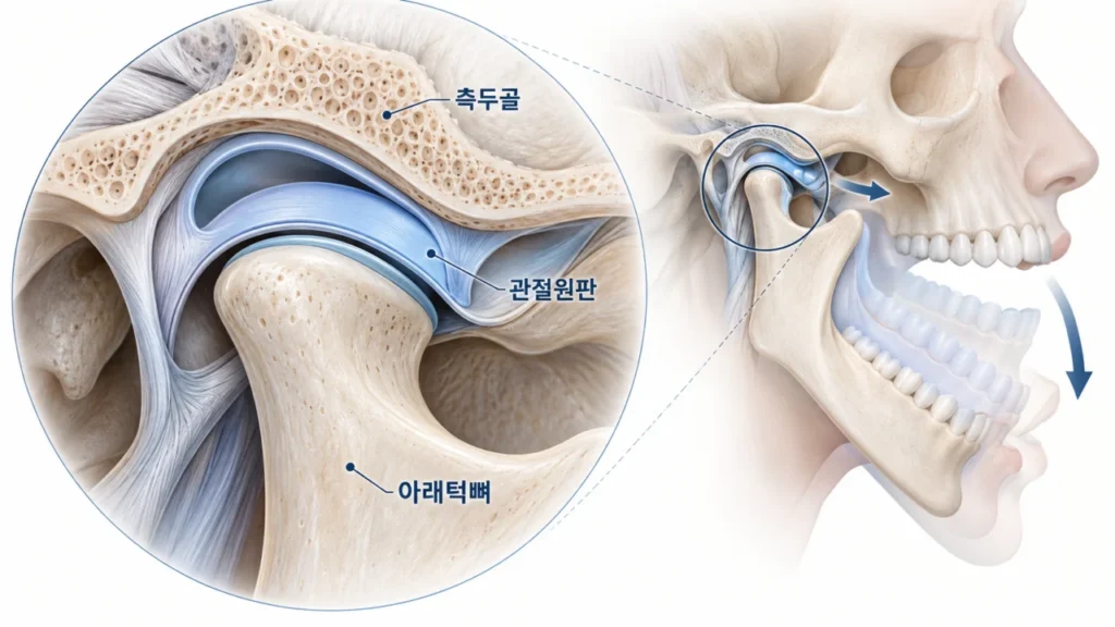턱관절 관절원판과 아래턱뼈 움직임 변화를 보여주는 그림