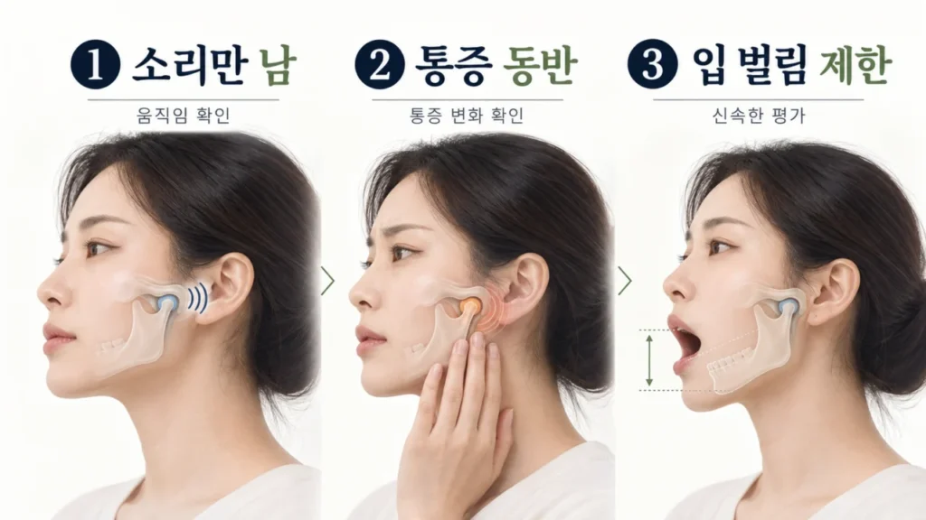 턱관절 소리, 통증, 입 벌림 제한 증상 구분 안내 그림