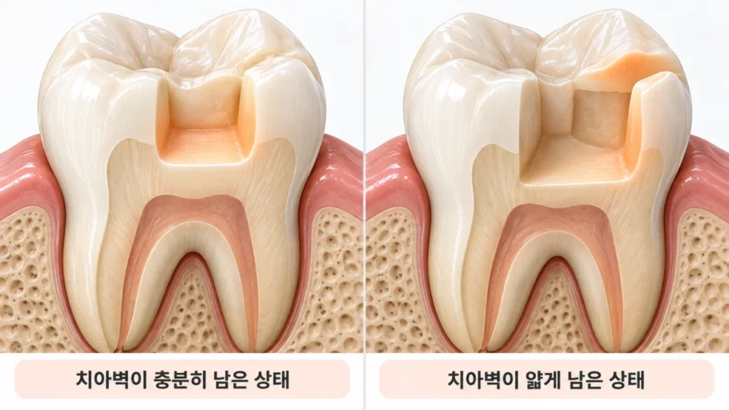 충치 제거 후 남아 있는 치아벽의 두께와 지지 상태를 보여주는 그림