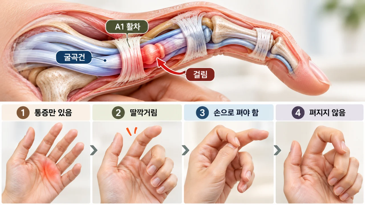방아쇠수지 증상별 치료 선택 과정을 안내하는 도식