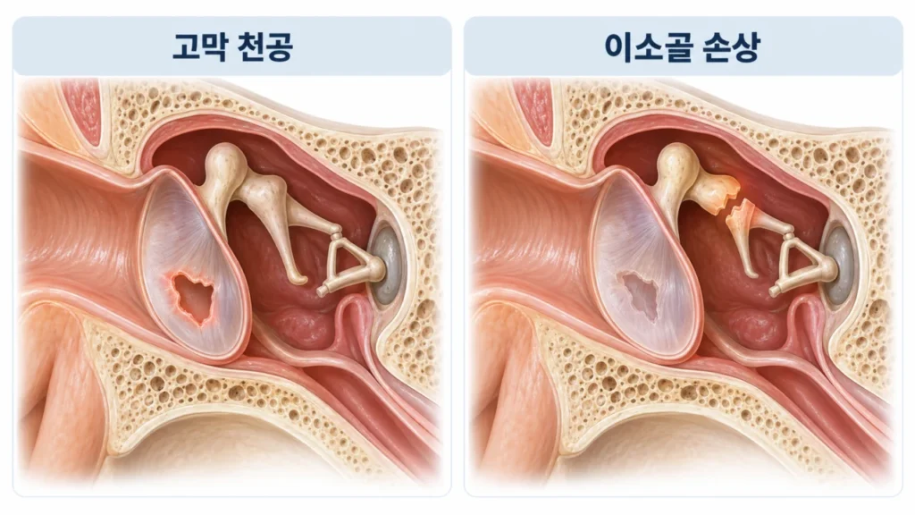 고막 천공만 있는 경우와 이소골 손상이 동반된 경우의 비교 그림