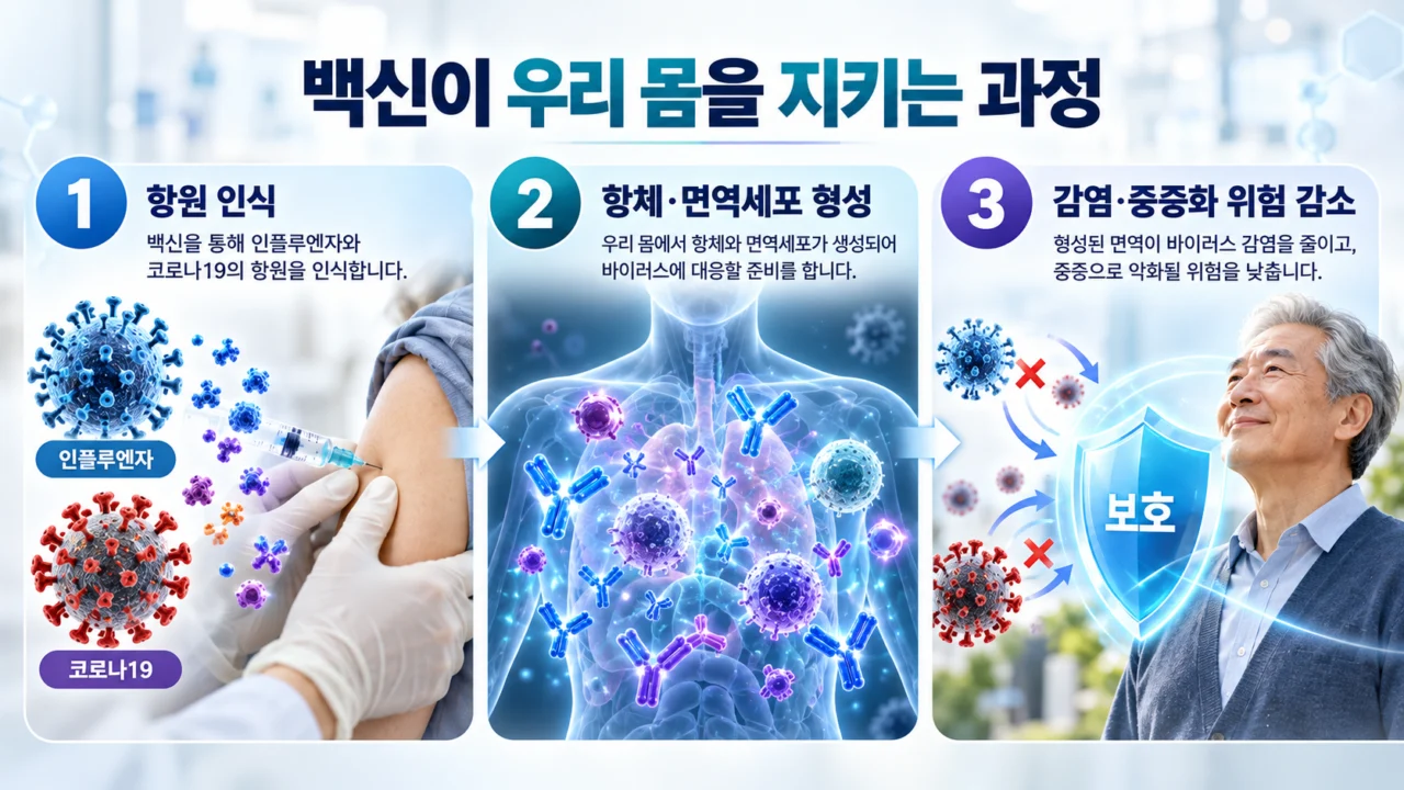 인플루엔자와 코로나19 백신은 면역체계가 병원체에 대응하도록 항체와 면역기억 형성을 유도해 감염 및 중증화 위험을 낮추는 데 도움을 준다. (사진=생성형AI)