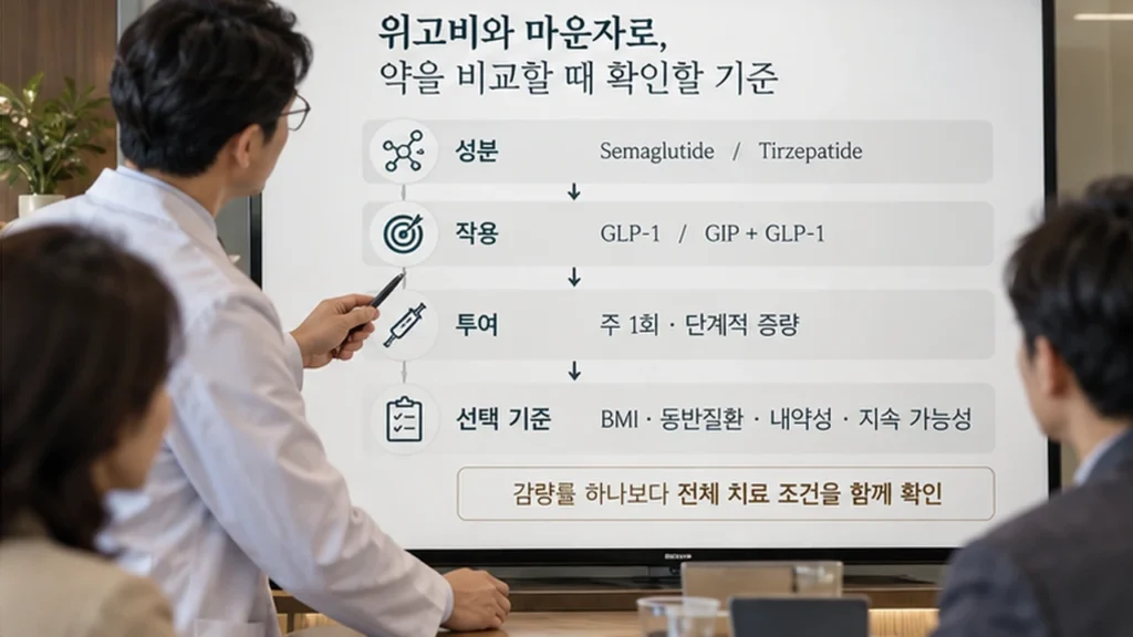 위고비와 마운자로 치료 시 확인할 체크리스트를 보여주는 그림