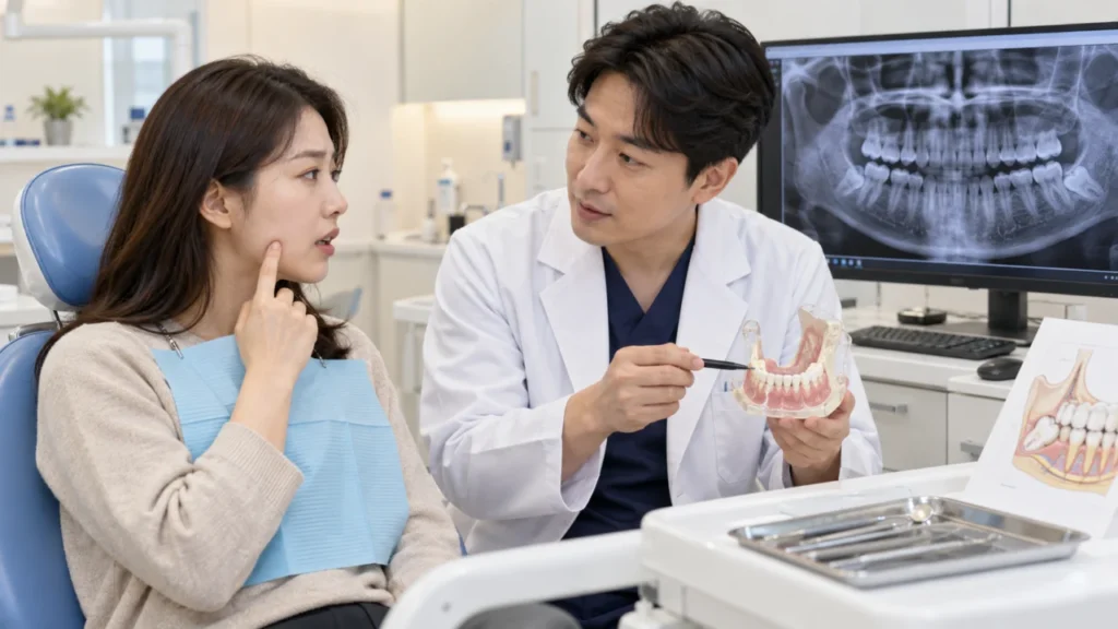 사랑니 발치 후 특정 치아 통증과 입술, 턱끝, 혀의 감각 변화를 확인하는 그림