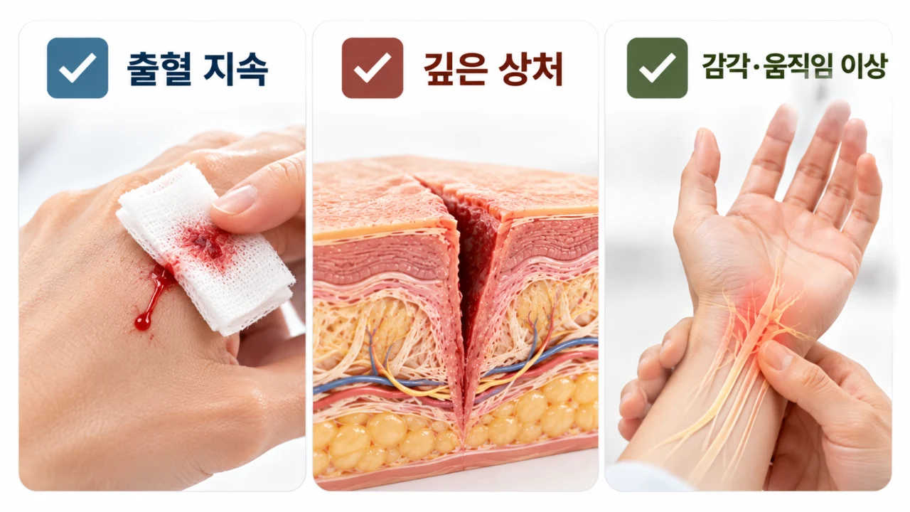 출혈이 지속되거나 상처가 깊게 벌어지고 감각·움직임 이상이 있다면 신속한 진료가 필요합니다. (사진=생성형AI)