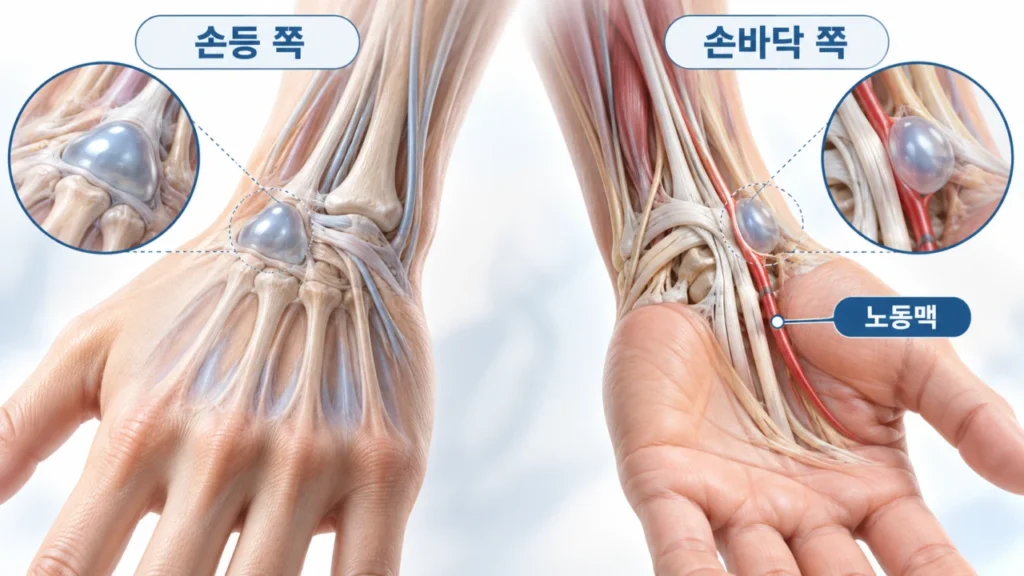 손목 결절종이 손등과 손바닥 쪽에 발생하는 해부학적 위치 그림